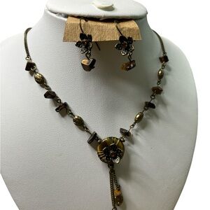 167 NINA RICCI VINTAGE NATURAL TIGER'S EYE & RHINESTONE EARRINGS & NECKLACE